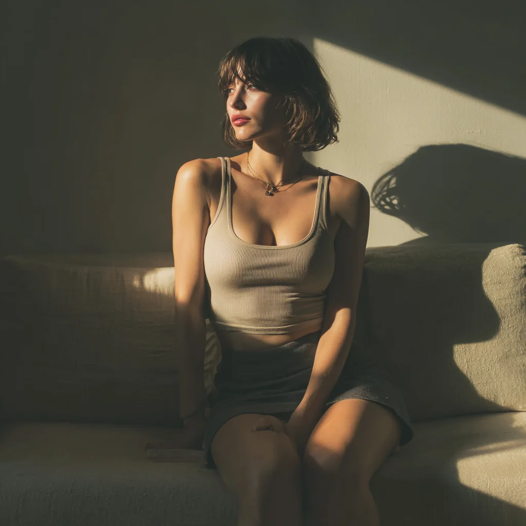 Scarlett Vane, the featured Temptation AI companion, in a sultry intimate portrait
